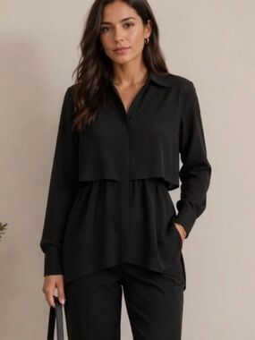Tanya Taylor Delilah Cutout Blouse Black Silk Layered Top US 0